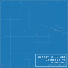 Blueprint Canadian city map of Beardy's 97 and Okemasis 96, Saskatchewan.
