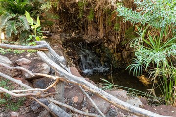 Small decorative waterfall on the territory of the Botanical Garden in the Eilat city, southern Israel