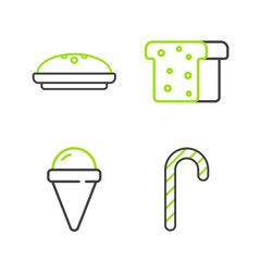 Set line Christmas candy cane, Ice cream in waffle cone, Bread toast and Homemade pie icon. Vector