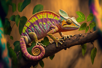 Chameleon panther is beautiful. Chameleon panther on branch. Chameleon panther closeup. Generative AI
