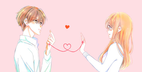 運命の赤い糸を結んでいる向かい合う男女