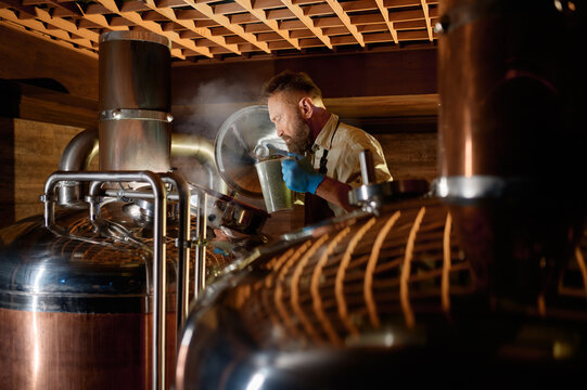 Brewer adding ferment with yeast or hop into beer tank