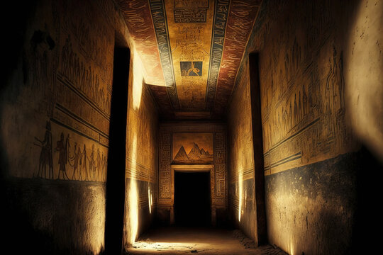 inside the pharaohs' hidden tombs in Egypt. Pyramid interiors at Egypt's King Tut's tomb are lit by sunlight that filters through the openings. Ancient painting, Egyptian hieroglyphs on the walls