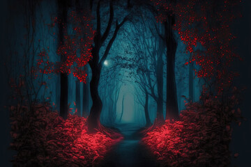 Path through a foggy, dark forest in the fall at night. Generative AI