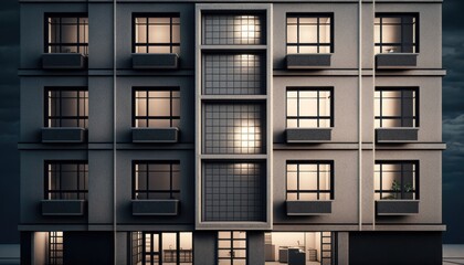 The facade of a modern office or apartment building features windows and balconies. generative ai