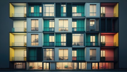 The facade of a modern office or apartment building features windows and balconies. generative ai