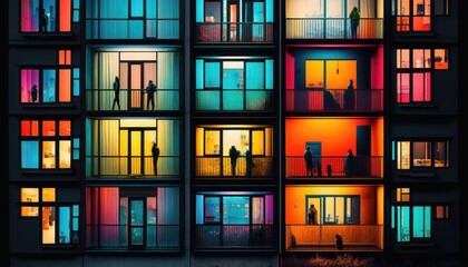 The facade of a modern office or apartment building features windows and balconies. generative ai