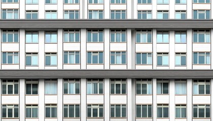 The facade of a modern office or apartment building features windows and balconies. generative ai