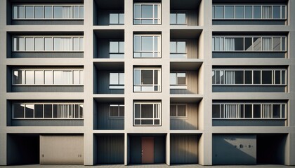 Fototapeta na wymiar The facade of a modern office or apartment building features windows and balconies. generative ai