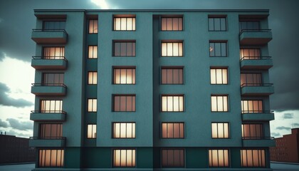 Fototapeta na wymiar The facade of a modern office or apartment building features windows and balconies. generative ai