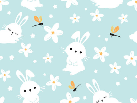 Seamless pattern with cute flower, summer plant bunny rabbit cartoons and dragonflies on green mint background vector illustration. Cute floral print.