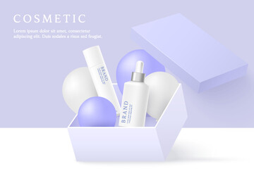 Cosmetics and skin care product ads template in purple gift gift box with balloons.