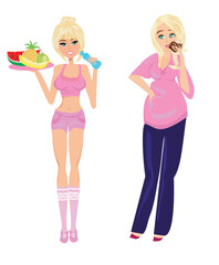 Illustration of thick and thin girls - nutritional differences - 568330432