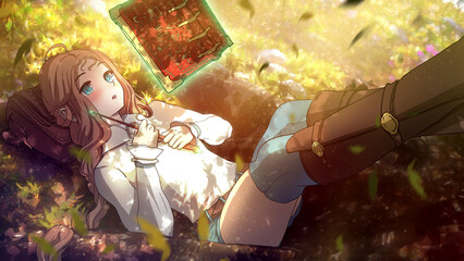 Cute anime girl is a magician, she is enchanted reading a book that, raised by magic, flies in weightlessness, a warm summer day she lies on the grass with her feet on a tree. 2d cartoon peaceful art