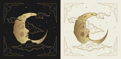 Beautiful and shining moon face. Golden art illustration