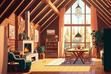 cozy warm home interior of a chic country chalet with a huge panoramic window overlooking the winter forest. open plan, wood decoration, warm colors and a family hearth. Generative AI