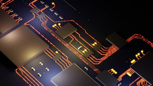 data processing by integrated circuit, view of computer interior with data flow between circuits, 3d rendering