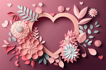 Valentines Day background with paper cut flowers and heart.
