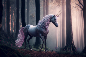 Plakat unicorn standing in the middle of a forest. generative ai.