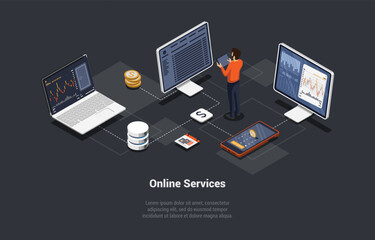 Online Services For Buy And Sell Digital Currency. Character Analyse Market And Buy Securities On Stock Market. Investment in Modern Technology Using Current Service. Isometric 3d Vector Illustration