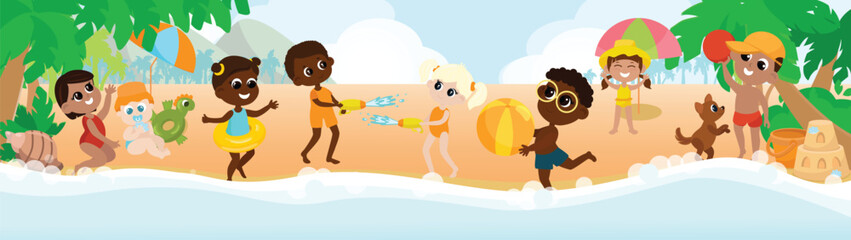 A multicultural group of children playing on the seashore with a ball, with a dog,shoot each other with water pistols, building sandcastles, sunbathing and having fun. 