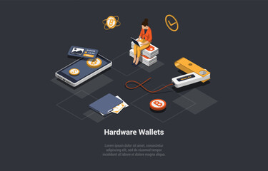 Cryptocurrency Safe Storage And Hardware Offline Decentralized Wallet. Female Character Sending Cryptocurrency Paying For Goods And Services Safe All Over The World. Isometric 3d Vector Illustration