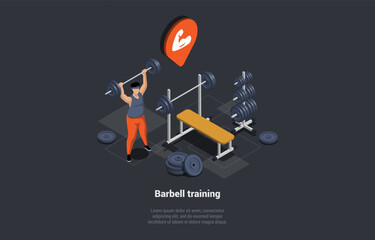 Concept Of Sports Activity, Physical Exercises. Woman Is Training On Apparatus, Barbell Training. Fitness Workout And Indoor Sport Room With Barbells and Kettlebells. Isometric 3d Vector Illustration
