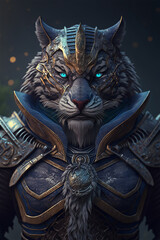 Fantasy tiger humonoid character with detailed armour. Realistic AI art animals.
