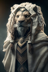 White Lion with dreadlocks wearing a kintsugi armor and kintsugi cape with hood. Realistic AI art animals.