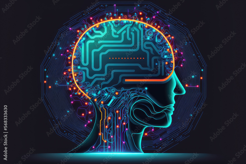 Poster robot head and digital brain hologram on futuristic html background. ai and coding concept. generati