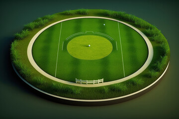 Front view of a cricket pitch or ball sport game field, a grass stadium or circular arena for cricketer series, or a green field or lawn for batsmen or bowlers. Outfield. Generative AI