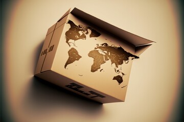 Brown parcel cardboard box with the world map, online delivery service generative ai  shipping, and global logistic concept