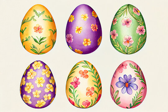 Watercolor decorative easter eggs collection. Generative AI