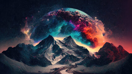 A space fantasy mountain landscape on black for digital wallpaper, background, generative ai