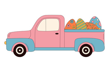 Groovy hippie Happy Easter. Easter Egg Truck in trendy retro 60s 70s cartoon style.