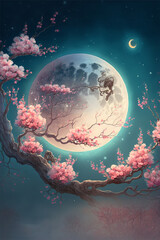 Naklejka na ściany i meble tree with pink flowers in front of a full moon. generative ai.