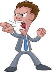 An angry boss or business man office worker cartoon character. In a suit shouting, yelling or screaming and pointing with their finger.