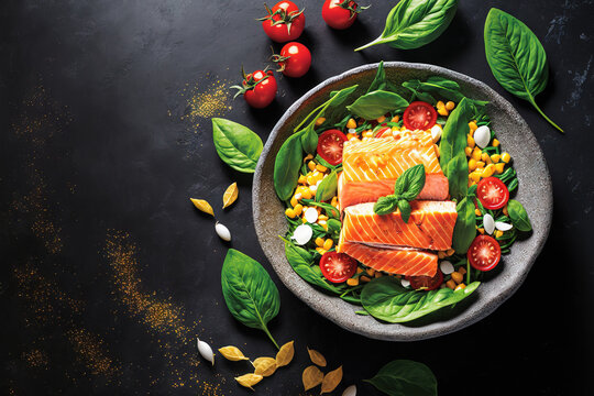 Salmon salad with cherry tomatoes, baby spinach, mint, and basil, as well as corn salad. homemade cuisine. Idea for a delectable and nutritious supper. background of dark stone. looking up. Copy space