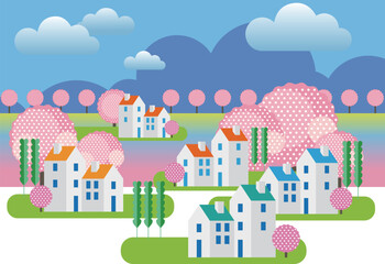 Obraz na płótnie Canvas 桜咲く春の美しい街並みと暮らしの風景。人々が明るく暮らせる自然と住宅が溶け込む街づくり。