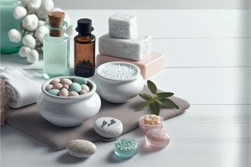  items for spa and beauty treatment products on a white wooden table with massage stones, essential oils, and sea salt generative ai with copy space