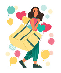 Young Woman Holding Bag of Heart Shaped Balloons for Valentine Concept Illustration