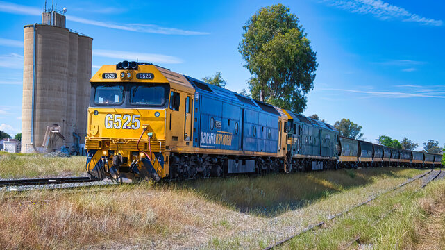 Freight Train Slowly Passing Through Yarrawonga Railway Station