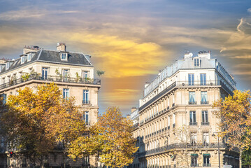 Paris, beautiful building in a luxury neighborhood in the 17e arrondissement, typical Haussmann facades in autumn
