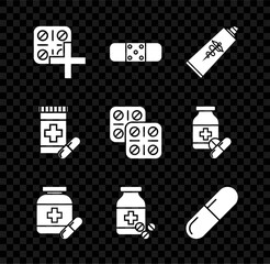 Set Pills in blister pack, Bandage plaster, Ointment cream tube medicine, Medicine bottle pills, or tablet, and icon. Vector