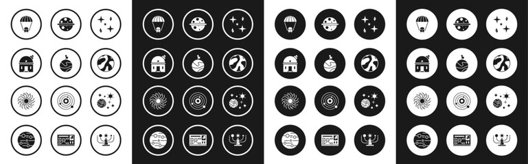 Set Falling stars, Moon with flag, Astronomical observatory, Space capsule and parachute, Planet, Saturn, planet and Black hole icon. Vector