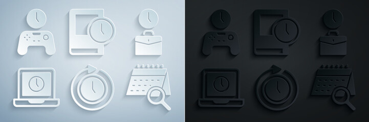 Set Clock with arrow, Work time, Laptop, Calendar search, Time for book and Gamepad of icon. Vector