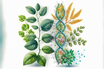 Biology laboratory nature and science, plant and environmental study, DNA, gene therapy, and plants with biochemistry structures on white backgrounds