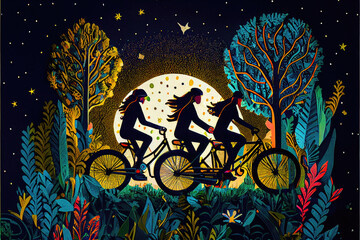 AI-generated image of silhouettes of unrecognisable female athletes riding tandem bicycles amidst colourful plants and trees against a starry night sky with a large glowing supermoon.