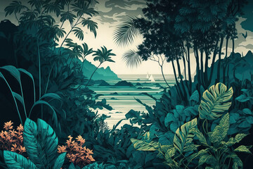 Fototapeta na wymiar Wallpaper with trees and tropical foliage . Generative AI