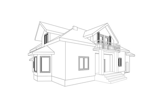 3D suburban house model. Drawing of the modern building. Cottage project on white background. Vector blueprint.